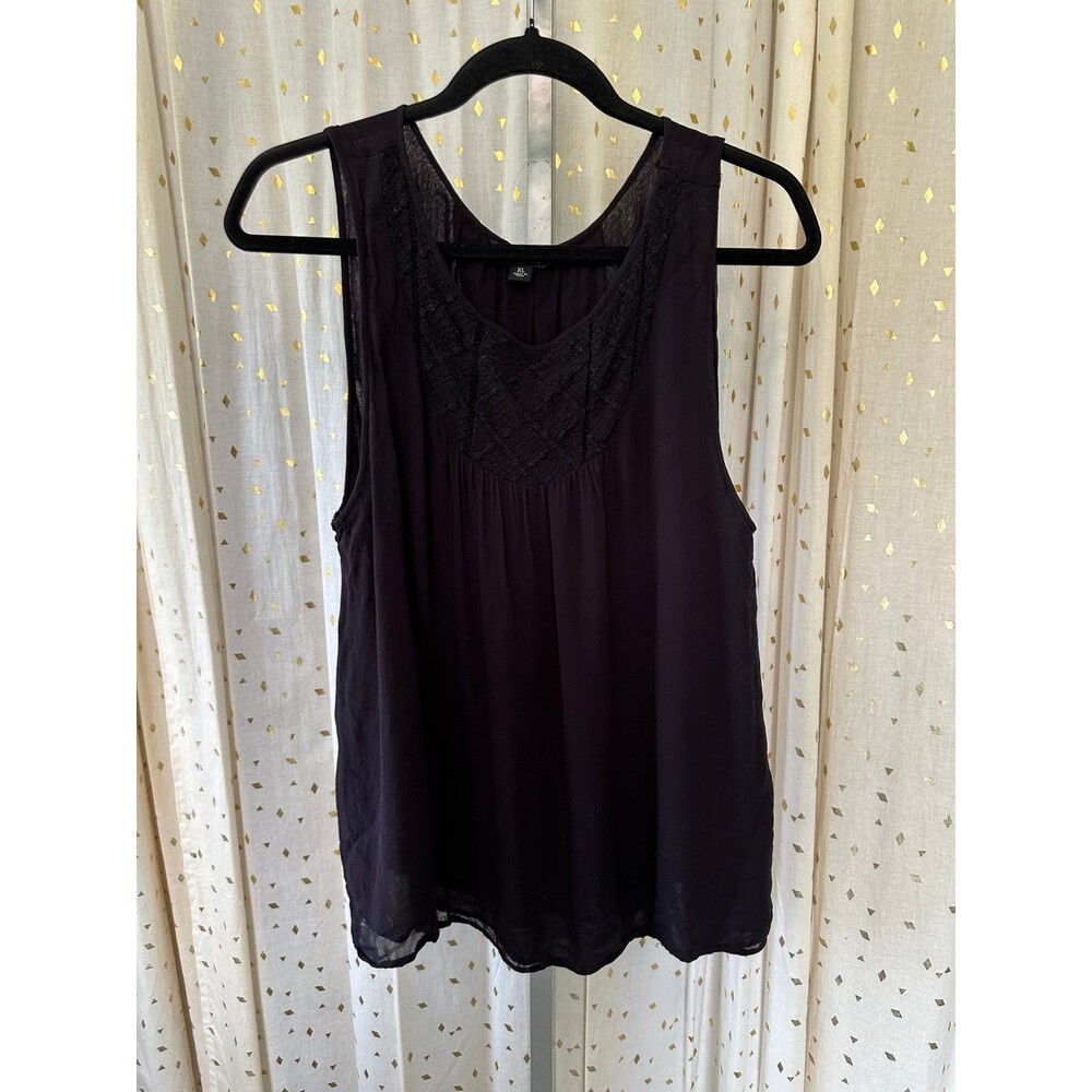 Lucky Brand Women's Black Sheer Embroidered Neckline Back Open Slit Tank Top XL
